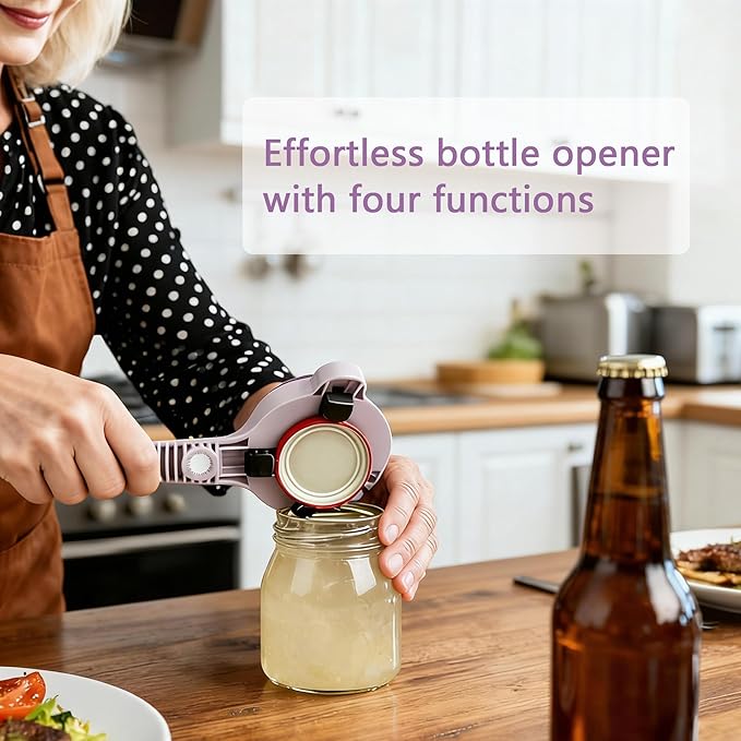 4-In-1 Jar Opener, Adjustable Stainless Steel Ergonomic Jar Opener Tool For Seniors, Bottle And Jar Openers For Arthritic Hands, Can Openers For Beer, Sauces, And Canned Goods (Purple)