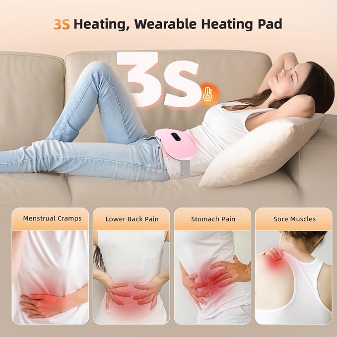 Portable Cordless Heating Pad Cramps:COSYGLOW 6 Heat Levels 6 Massage Modes,3S Fast Heating,Period Menstrual Electric Heating Pad,Gifts for Women and Girls (Pink)