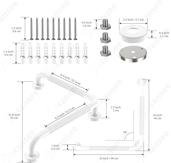 Angled Grab Bar - 16x16 Inch Stainless Steel Knurled Toilet Handles Wall Mounted Bathroom Handicap Safety Rails for Elderly Injured Balance Support, L-Shaped White Grab Bar for Shower