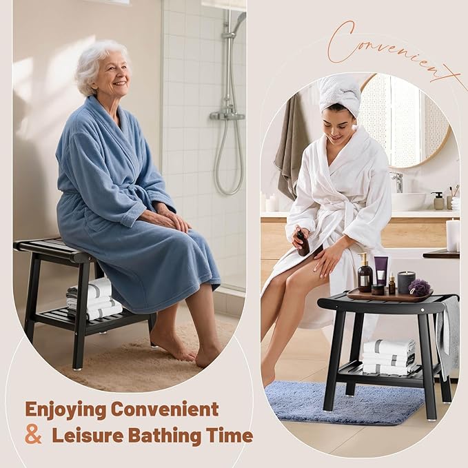 Bamboo Shower Bench Stool, Shower Chair for Inside Shower with 2-Tier Storage Shelf, Waterproof Shower Seat for Shaving Legs, Spa Bathroom Shower Bench-Black