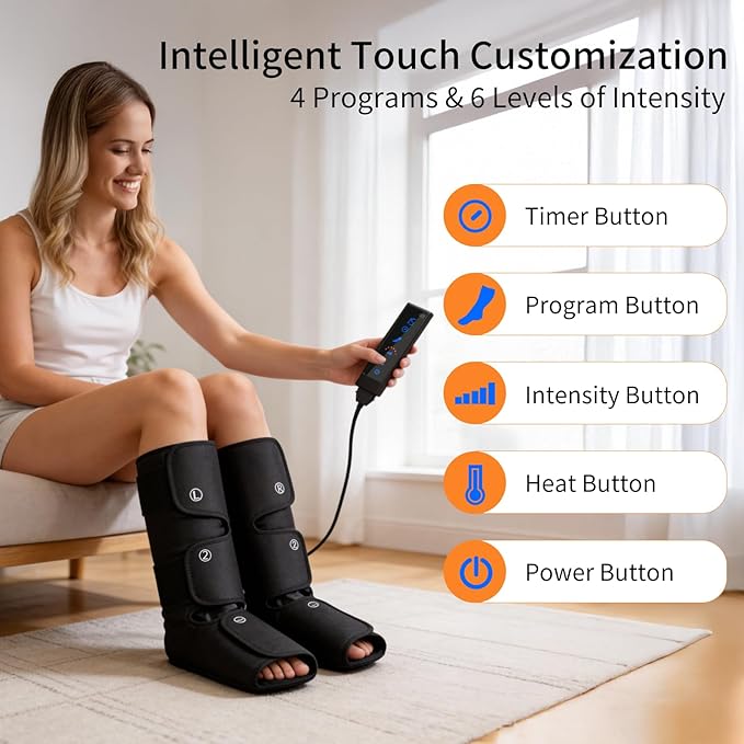 HomeCare Leg Massage with Heat, Electric Leg Massager for Calves and Feet with 4 Modes, 6 Intensity Levels, 3 Timer & LCD Display, Foot Massager for Women and Men at Home or Office
