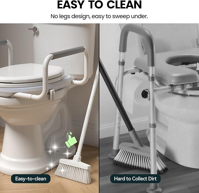 R&T 2" Toilet Seat Riser with Handles – Comfortable Raised Toilet Seat for Seniors, Fits for Elongated Toilets, Elevated Seat with Soft Grey Padded Arms for Bathroom