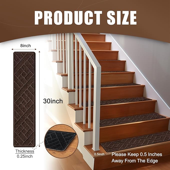 15 Pack 8 "X 30" Non-Slip Carpet Stair Treads for Indoor Wooden Steps, Made of Polyester and Reusable Adhesive, Suitable for Kids Elders and Pets（Brown Lines）