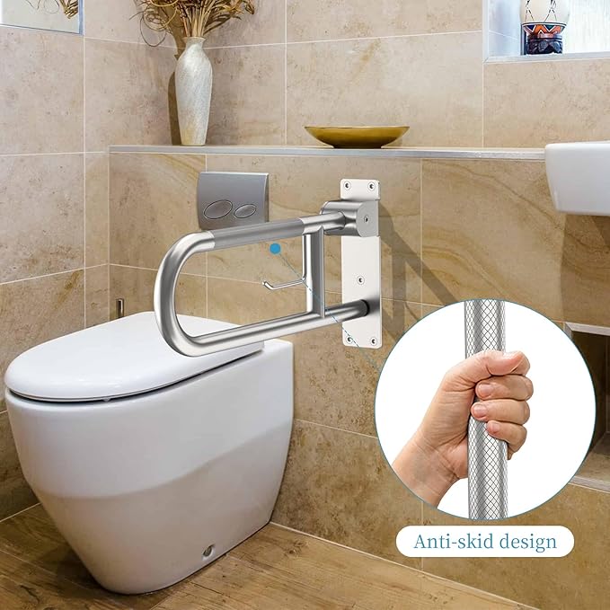 Toilet Grab Bar 22.4 Inch, Munzong Anti-Slip Handicap Grab Bars with Paper Holder, Flip-Up Bathroom Toilet Safety Rails, Stainless Steel Knurled Support handrails for Seniors Elderly Disabled Pregnant