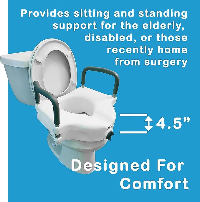 ProBasics E-Z Lock Raised Toilet Seat with Handles, 4.5" Toilet Seat Riser with Arms, Fits Most Elongated and Round Toilets, Handicap Toilet Seat, Elevated Toilet Seat, Handicap Toilet Seat - White