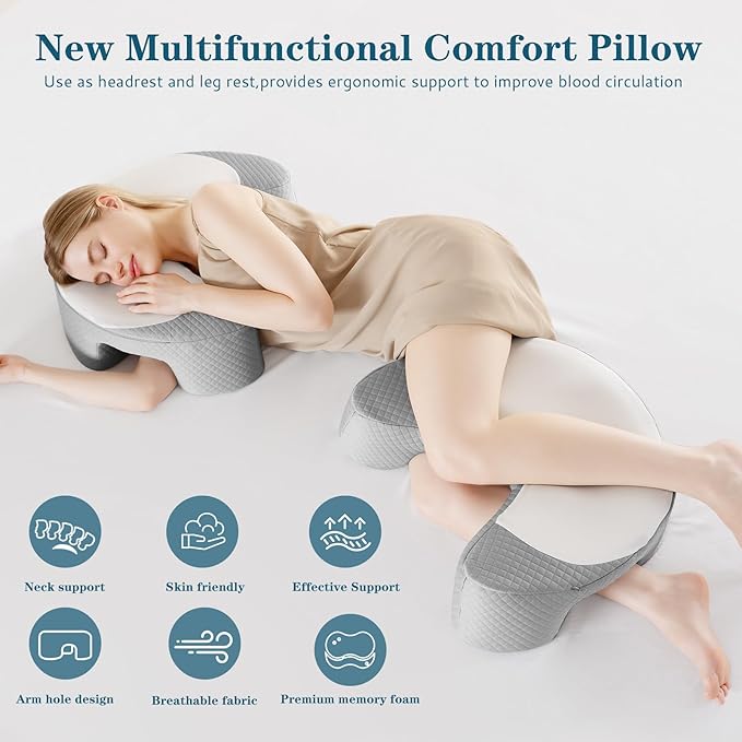 EUHAMS Side Sleeper Pillow - Ergonomic Memory Foam Shoulder Pillow with Arm Holes for Neck,Shoulder & Rotator Cuff Pain Relief-Arm Support Pillows for Adults Ideal for Left & Right Side Sleepers,Grey
