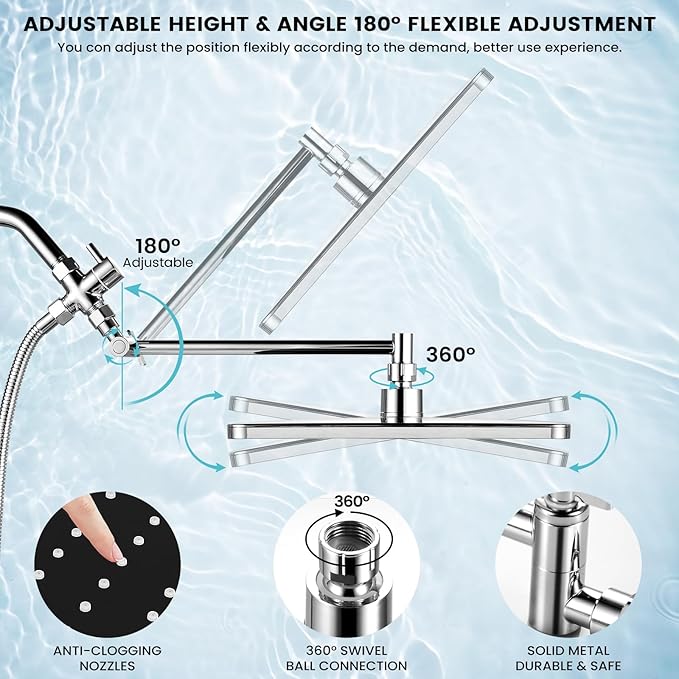 Rain Shower Head with Handheld, 11.8 Inch High Pressure Handheld Shower with Multi Spray Modes, Holder and Rainfall Combo 11'' Extension Arm, Chrome, Bathroom Decor