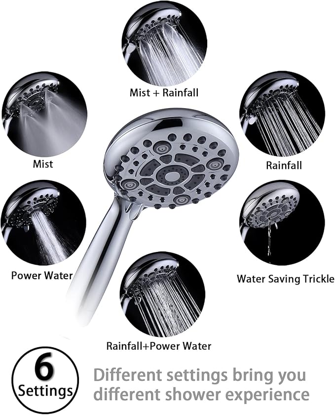 G-Promise Handheld Shower Head High Pressure 6 Spray Settings, Detachable Hand Held Showerhead 4.9 Inch Face with Extra Long Flexible Hose and Metal Adjustable Bracket