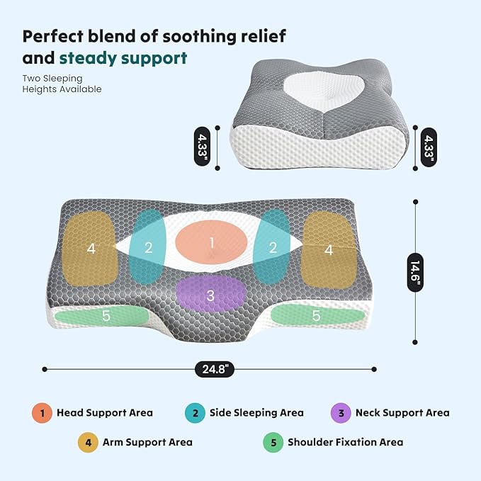 DUMOS Cervical Neck Pillow for Sleeping, Cooling Ergonomic Memory Foam Pillow with Arm Rest Slot and Ice Silk Pillowcase, Dual Height Orthopedic Support Contour for Side, Back, Stomach Sleepers