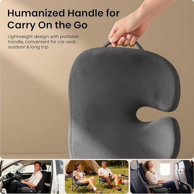 ZZ-WELL Seat Cushions for Office Chairs, Car Seat - Patented Coccyx Cushion for Tailbone Pain - Memory Foam Butt Cushion for Pressure Relief - Carry Handle & Non Slip Bottom (Grey)