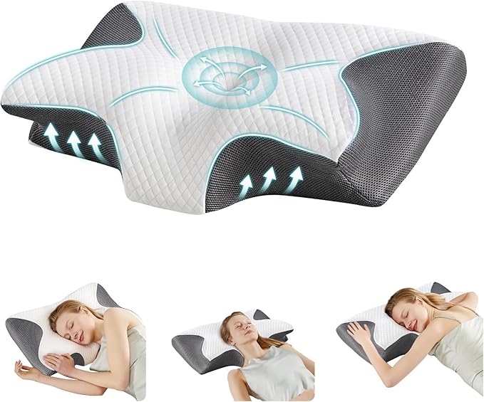 DUMOS Cervical Neck Pillow for Sleeping, Cooling Ergonomic Memory Foam Pillow with Arm Rest Slot and Ice Silk Pillowcase, Dual Height Orthopedic Support Contour for Side, Back, Stomach Sleepers