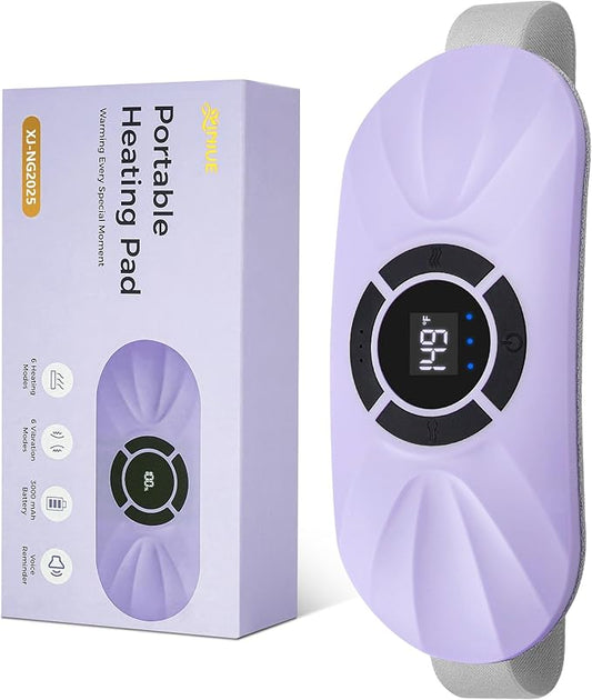 Portable Cordless Heating Pad for Period Cramps, Voice Reminder Menstrual Heating Pad with 6 Heat Levels and 6 Massage Modes, 3s Fast Heating, Gifts for Women Girls, Purple