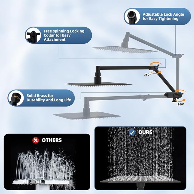 All Metal Rain Shower Head with Handheld Spray Combo, 8” High Pressure Rainfall Shower Head with 16" Shower Extension Arm, 10-Spray Handheld Showerhead Powerful Wash, Brass 3-Way Diverter, MatteBlack