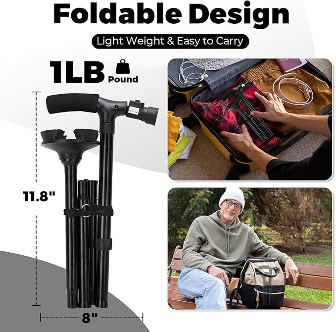 Walking Cane for Men Women: Ohuhu Walking Canes with LED Light Folding Walking Stick Adjustable Free Standing Canes with Wrist Strap Travel Bag for Seniors Adults