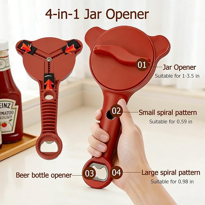 4-in-1 Jar Opener, Adjustable Jar Opener for Seniors, Kitchen Tool Designed Specifically for Seniors and Those with Limited Physical Strength, Suitable For Beer, Salad Dressing, Jar (Red)