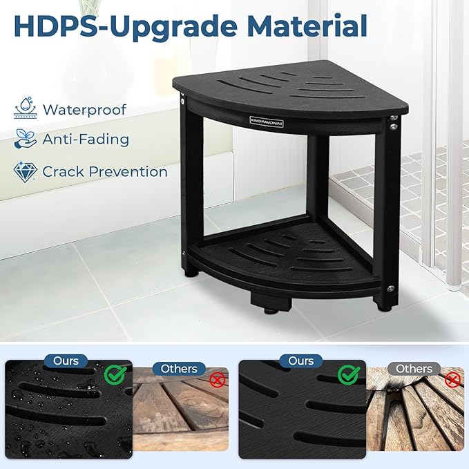 KingPavonini HDPS Corner Shower Stool for Inside Shower, Waterproof Shower Bench, Anti-Fracture & Anti-Fading Shower Seat with Storage Shelf, Rapid Assembly, Load 400 Pounds