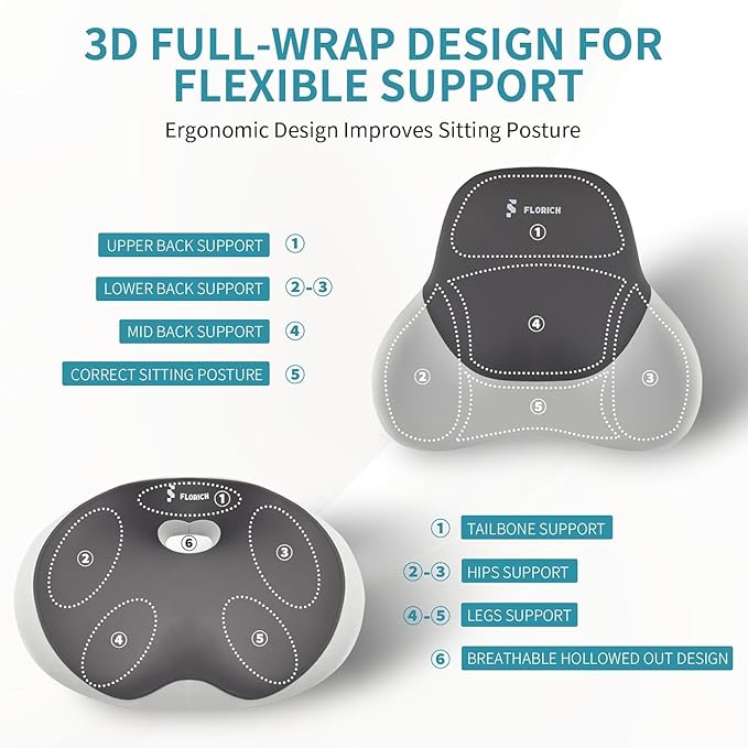 FLORICH Seat Cushion Lumbar Support Pillow for Office Chair, Car Lower Back Support, Ergonomic Desk Chair Pillow for Butt and Back Support of Memory Foam Seat Pad(Dark Grey)