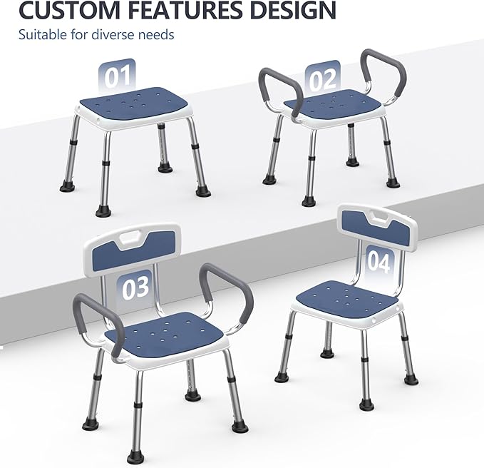 Shower Chair for Elderly and Disabled (450 lbs) Adjustable Height Shower Seat for Inside Shower with Padded Wide Arms & Back, Heavy Duty Medical Bathtub Stool for Women Seniors Handicap