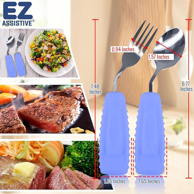 Adaptive Utensils Set – Ergonomic Angled Fork & Spoon for Parkinson's, Tremors, and Stroke Recovery – Weighted Utensils for Hand Tremors, Non-Slip Silicone Grip, Dishwasher Safe