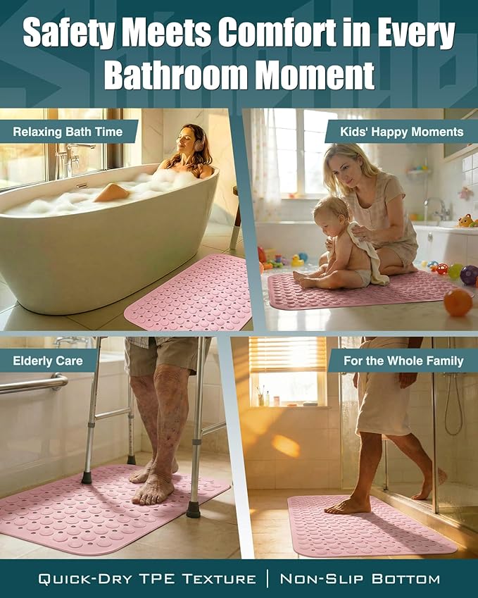 7mm Extra Thick TPE Bath Mat, Non-Slip Shower Mat for Bathroom and Tub, 28x16 Inch with Drainage Holes and Stability Grip, Machine Washable, Dusty Blossom Pink
