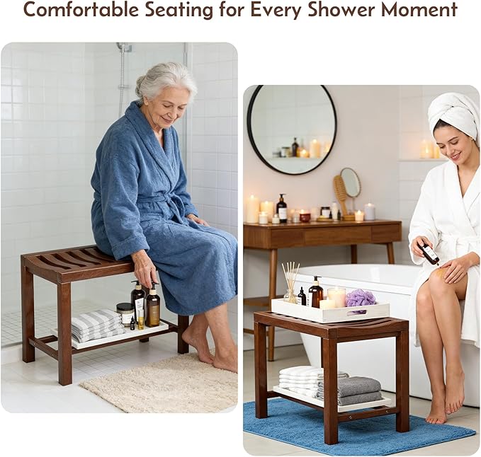 Rubber Wood Shower Bench, Non-Slip Waterproof Wooden Shower Stool for Adults & Elderly, Sturdy Bath Seat for Inside Shower or Tub – 20.08" D x 14.96" H x 6.3" W