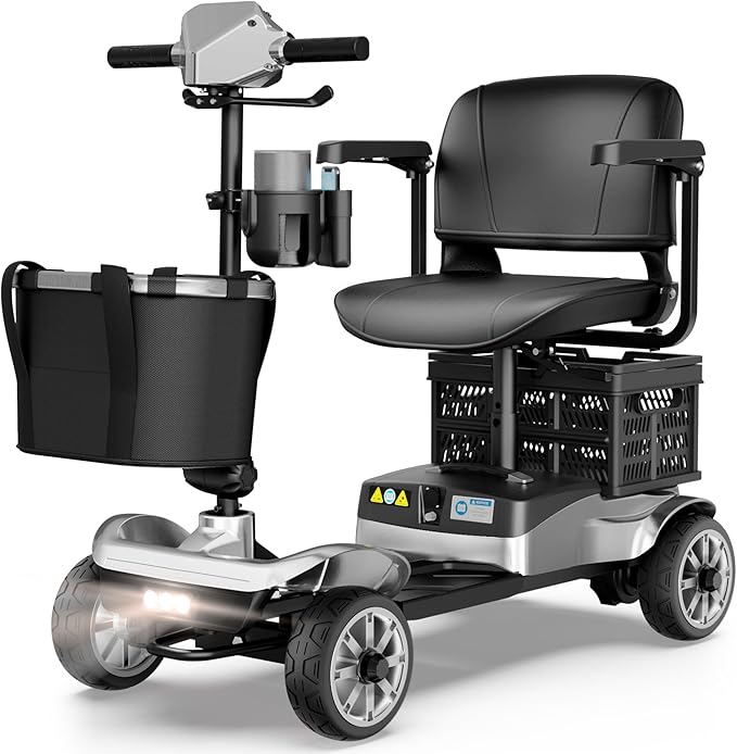 Mobility Scooter for Adults & Seniors with Removable Battery, Cruise & Airport Approved, Foldable Motorized Scooters with Dual Basket, Phone & Cup Holder, Silver