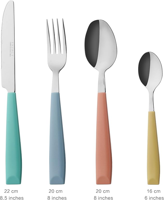 EXZACT 24-Piece Flatware Set for 6 – Mixed Colored Stainless Steel Cutlery with Wide Plastic Handles – Comfortable Tableware: Forks, Knives, Spoons, Teaspoons