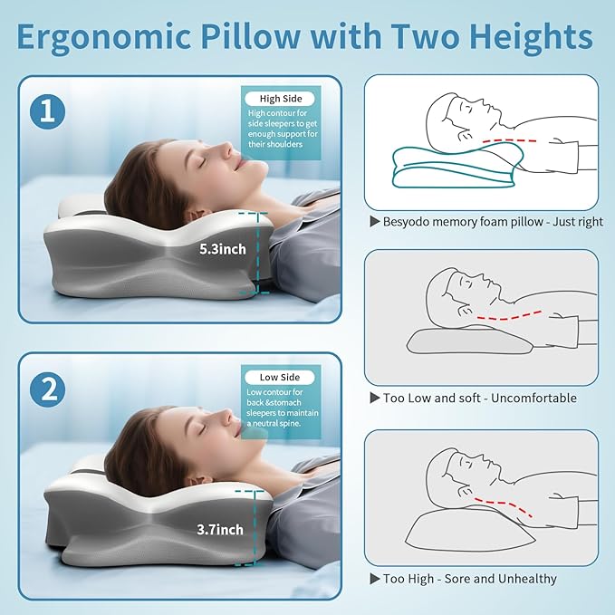 Cervical Neck Pillow for Pain Relief - Ergonomic Side Sleeper Pillow for Neck Support, Cooling Memory Foam Pillows for Sleeping, Contour Pillow Orthopedic Bed Pillow for Back Stomach Sleepers