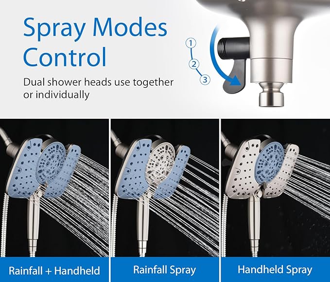 INAVAMZ Nickel 2.5GPM Shower Head with Handheld High Pressure: 10” Rainfall Shower Head & HandHeld Shower Head, 9 Spray Settings Detachable Shower Head with ON/OFF Switch and 15-Stage Filter