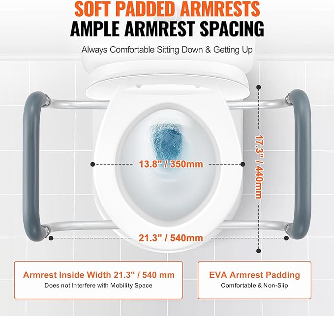 VEVOR Raised Toilet Seat, 3.5" Height Raised, 300 lbs Weight Capacity, for Standard Round Toilet, Aluminum Handrail, with EVA Armrest Padding, for Elderly, Handicap, Patient, Pregnant, Medical
