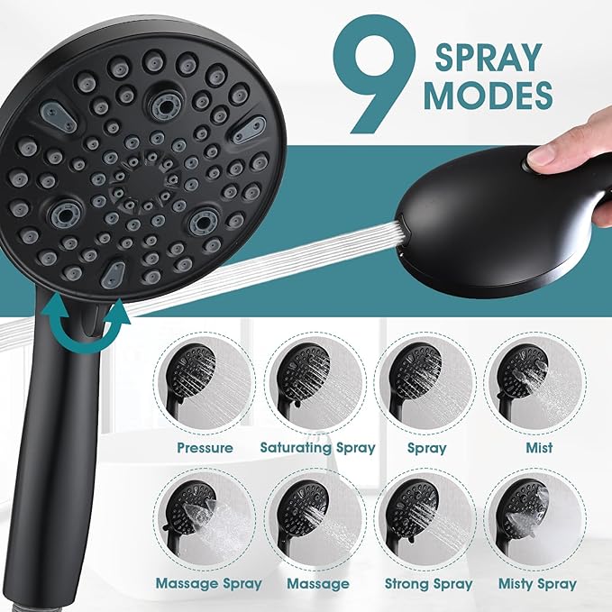 Hand Shower with Slide Bar, High Pressure 10 Setting Handheld Shower Head, Adjustable Height 24" Slide Bar, Wall Supply Elbow and 6.6ft Extra Long Shower Hose - Matte Black