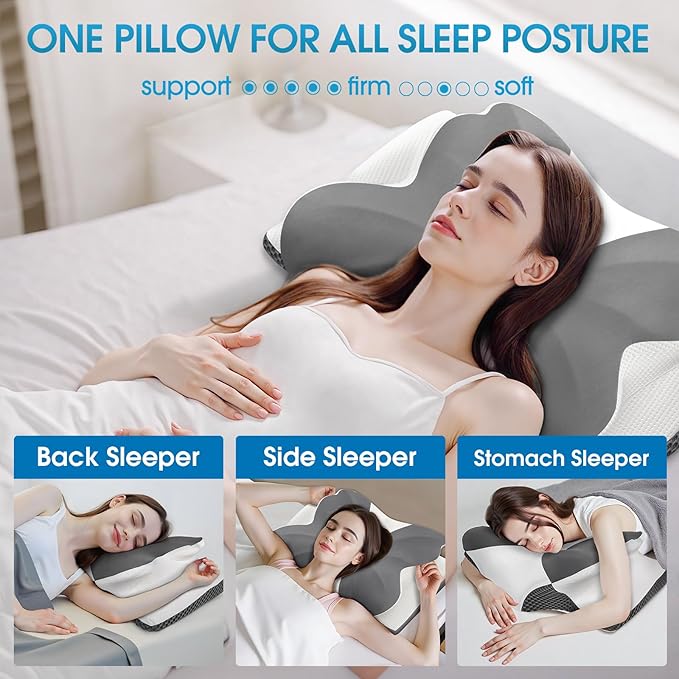 CloudBliss Cervical Neck Pillow for Sleeping, Ergonomic Memory Foam Pillow for Pain Relief Neck Shoulder Support for Side Back Stomach Sleepers, Birthday Gift (Grey, Queen Size)