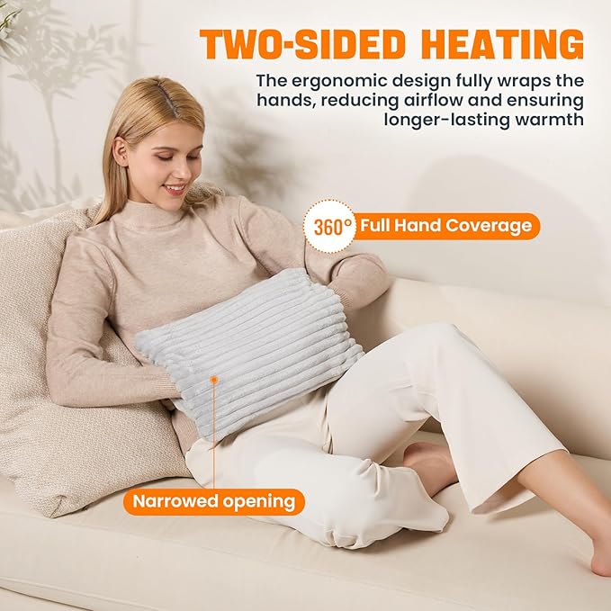 Electric Hand Warmer, Soft Flannel Heated Gloves, Hand Warmer Pouch, Double-Sided Heating Pad for Hands Pain Relief Fingers Arthritis for Women Men Elder, Auto Off & 3 Heat Levels, Light Gray