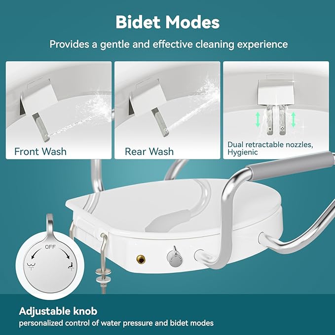 Clirass 3" Raised Toilet Seat with Handles and Bidet - Non-Electric Bidet with Dual Nozzles - Elevated Toilet Risers for Seniors & Limited Mobility - Easy Install & Clean (Elongated with Handles)