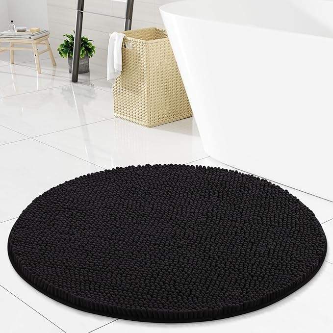 Arotive Bathroom Rugs Round 30x30, Extra Soft Absorbent Shaggy Chenille Bath Rugs, Machine Washable Rubber Backing Non-Slip Bath Mats for Bathroom Floor Tub and Shower, Home Decor Accessories, Black