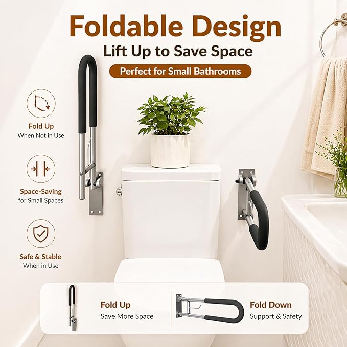 Foldable Toilet Grab Bar, 23.6 Inch Wall Mounted Flip-Up Safety Rail, 2mm Thick Heavy-Duty Rust-Resistant Aluminum Bathroom Support Bar for Elderly, Disabled, Handicap Grab Bars