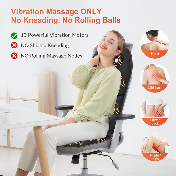 COMFIER Massage Seat Cushion with Heat - 10 Vibration Motors, Back Massager for Chair, （Vibration Massage Only, Not Shiatsu/Rolling,Massage Chair Pad for Back