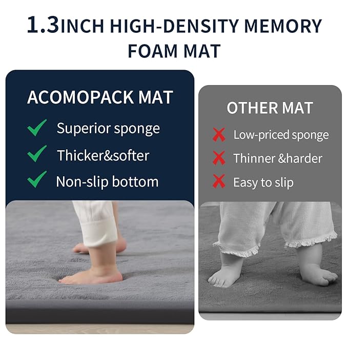 ACOMOPACK Baby Play Mat for Floor 1.3" Thick Memory Foam Play Mat 39"×59" Tummy Time Crawling with Non-slip Bottom for Living Room,Nursery,Soft Velvet Playpen Mats for Kids,Infants（Dark Grey）