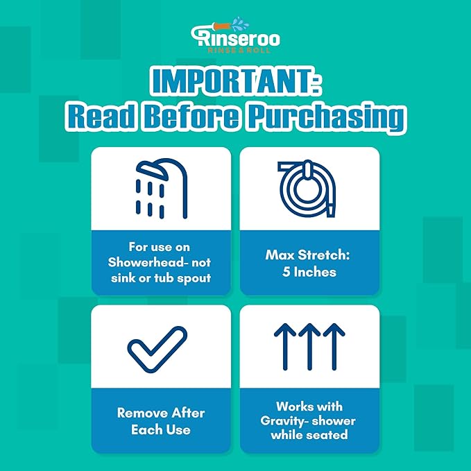 Rinseroo: Slip-On Handheld Shower Attachment Hose w/Spray Head-for Seated Bathing. Converts Fixed Shower Head into Handheld Bather. Portable, No-Install Shower Hose Wand for Seniors, RV. Gravity fed.
