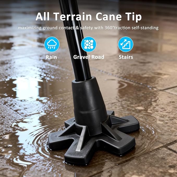 REHAND Adjustable Walking Cane for Seniors Adults - Ergonomic Anti-Slip Grip, 10 Height Settings (40"-49"), 350lbs Weight Capacity, Self-Standing Foldable Cane with Enhanced Anti Slip Base (Black)