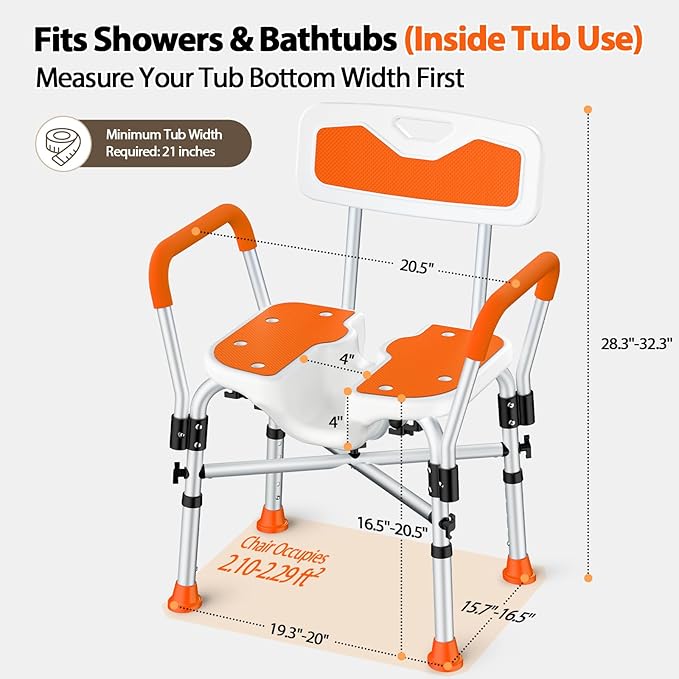 FSA/HSA Heavy Duty Shower Chair for Inside Shower, 500LBS Shower Chair with Arms Back, Padded Bath Seat with U-Shaped Cutout, Anti-Slip Adjustable Bath Stool for Seniors, Handicap, Pregnant, Orange