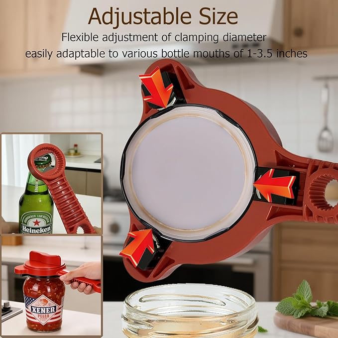 4-in-1 Jar Opener, Adjustable Jar Opener for Seniors, Kitchen Tool Designed Specifically for Seniors and Those with Limited Physical Strength, Suitable For Beer, Salad Dressing, Jar (Red)