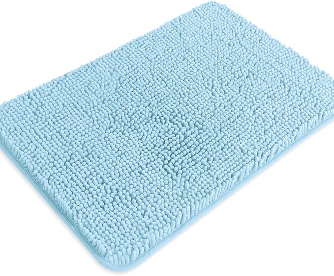 Light Blue Bathroom Rugs – Absorbent and Washable Bath Mat, Non-Slip, Thick Soft Chenille Bath Rugs for Bathroom Floor, Shower, Sink - 17" x 24"