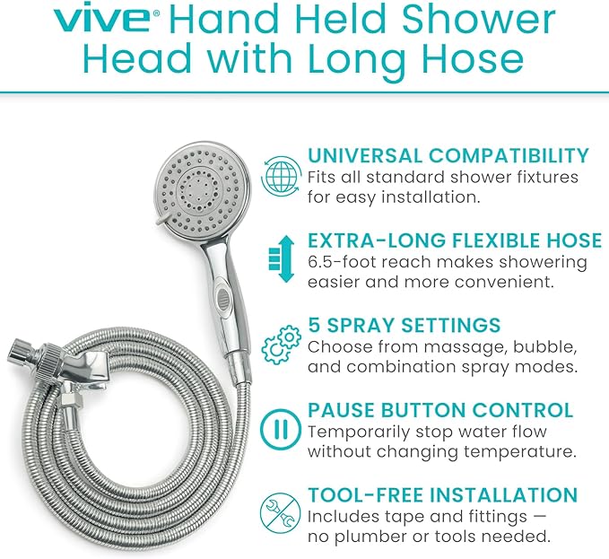 Vive High Pressure Handheld Shower Head - Hand Held Showerhead with 6.5 ft Extra Long Hose, Detachable Showerhead, Multi-Setting Spray Combo for Bathroom, Pet Bathing, Stainless Steel Hose, Chrome