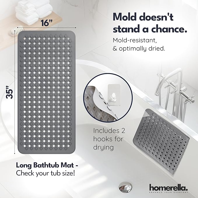 Bathtub Mat Non Slip 35x16 - homerella® Bath Mat Incl. Hooks for Drying, Extra Long, 100% BPA Free, Shower Mat Non Slip Anti Mold, Machine Washable, Shower Mats for Inside Shower Mildew Resistant