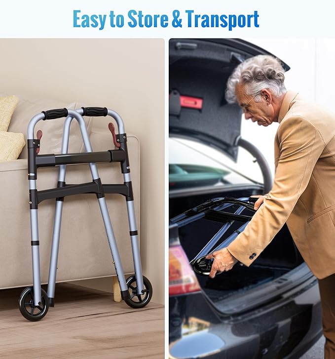 HOMLAND Walkers for Seniors, One-Hand Folding, 8 Height Adjustments, Walkers with Wheels, 2 Skis and 5" Wheels, Lightweight Walker for Seniors, Standard Walkers for Seniors, Aluminum Frame, Blue