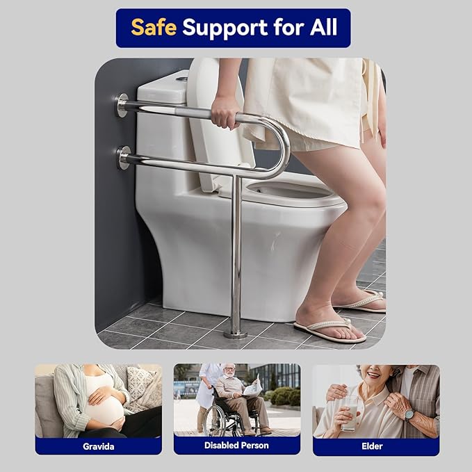 31.5" x 27.5" Floor to Wall Toilet Support Rail with Leg, Anti-Slip Brushed Nickel Handicap Grab Bar for Bathroom, Stainless Steel Knurled Safety Handrails, 1.25" Tube for Elderly, Disabled