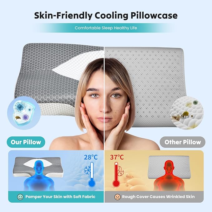 DUMOS Cervical Neck Pillow for Sleeping, Cooling Ergonomic Memory Foam Pillow with Arm Rest Slot and Ice Silk Pillowcase, Dual Height Orthopedic Support Contour for Side, Back, Stomach Sleepers