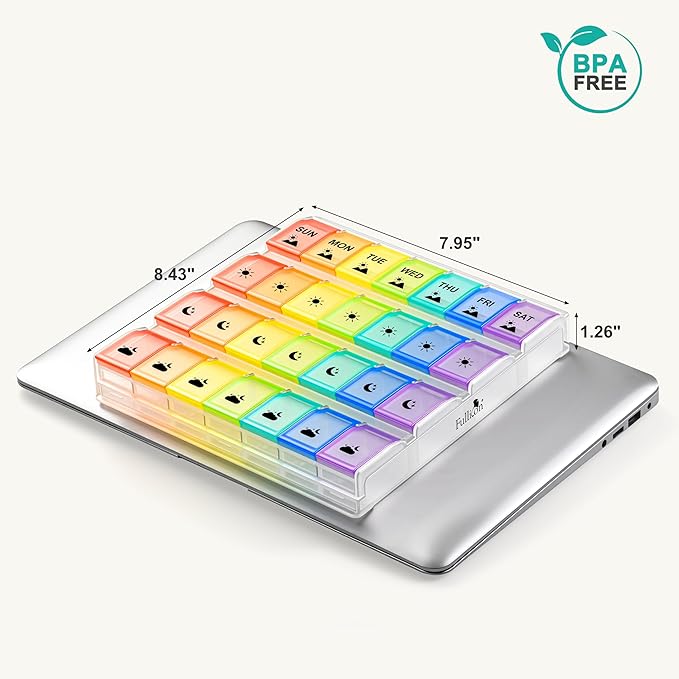 Fullicon Weekly Pill Organizer 4 Times a Day, Large Capacity Pill Case with Easy Fill, Medicine Organizer for Vitamin, Supplement & Pill, Great Gifts for Seniors (Clear Rainbow) - Patent Pending