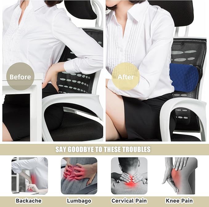 Lumbar Roll Pillow for Lower Back, Lumbar Support Foam Roll Cushion with Pillowcase and Upgraded Strap for Office, Chair, Car, Seat Pain Relief & Improving Posture (Dark Blue, Short-11*4.3'')